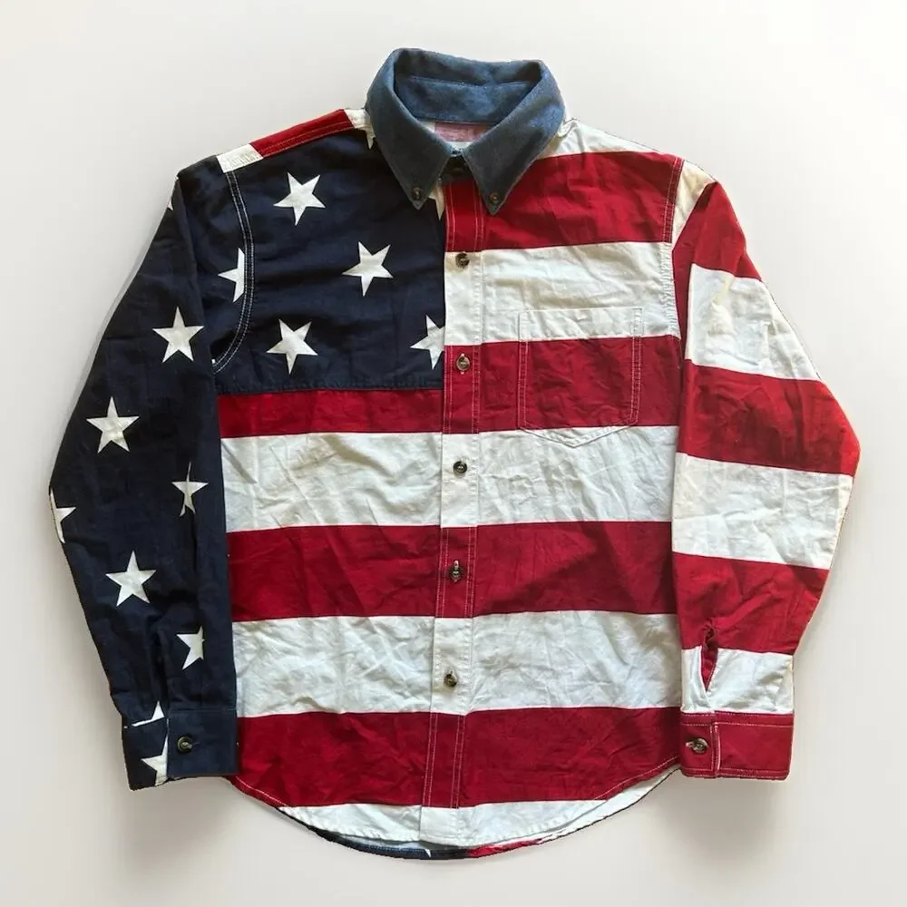 Roper American Flag Button Down Shirt Boy's Size Large (12-14) USA Western